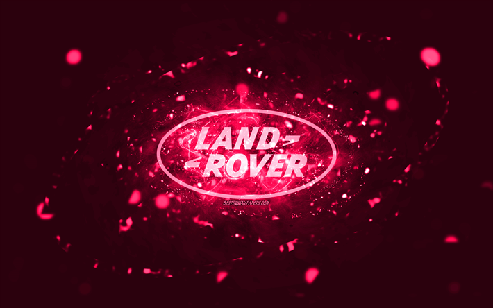 Land Rover pink logo, 4k, pink neon lights, creative, pink abstract background, Land Rover logo, cars brands, Land Rover