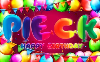 Happy Birthday Pieck, 4k, colorful balloon frame, Pieck name, purple background, Pieck Happy Birthday, Pieck Birthday, popular german female names, Birthday concept, Pieck