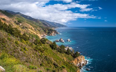 Océan Pacifique, côte, été, océan, paysage de montagne, Californie, États-Unis