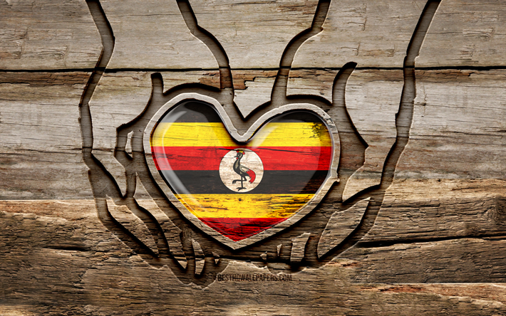 J&#39;aime l&#39;Ouganda, 4K, les mains de sculpture en bois, le Jour de l&#39;Ouganda, le drapeau ougandais, le Drapeau de l&#39;Ouganda, Prenez soin de l&#39;Ouganda, cr&#233;atif, le drapeau de l&#39;Ouganda, le drapeau de l&#39;Ouganda &#224; la main,