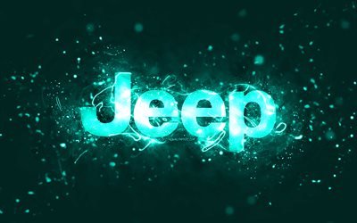 Jeep turquoise logo, 4k, turquoise neon lights, creative, turquoise abstract background, Jeep logo, cars brands, Jeep