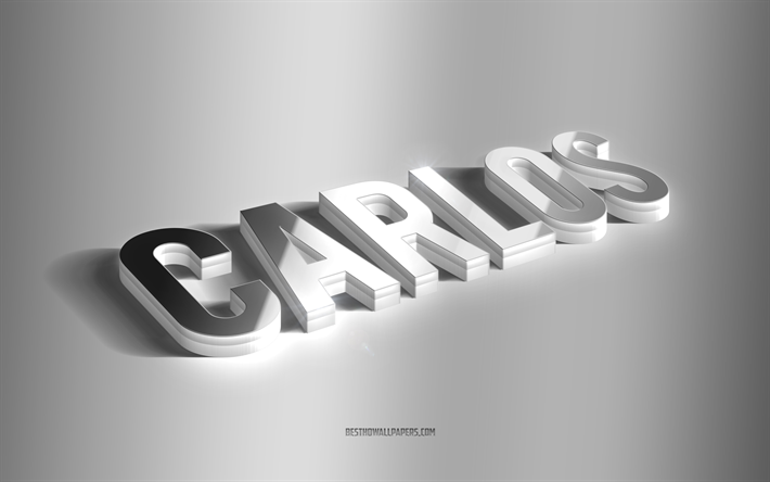 carlos, silberne 3d-kunst, grauer hintergrund, tapeten mit namen, carlos-name, carlos-gru&#223;karte, 3d-kunst, bild mit carlos-namen