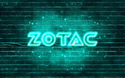 Zotac turquoise logo, 4k, turquoise brickwall, Zotac logo, brands, Zotac neon logo, Zotac