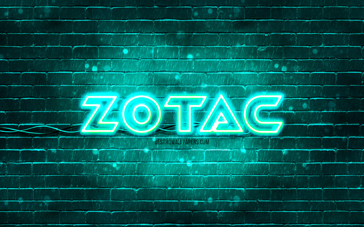 Zotac turquoise logo, 4k, turquoise brickwall, Zotac logo, brands, Zotac neon logo, Zotac