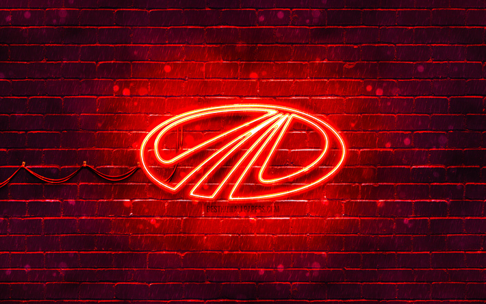 Mahindra red logo, 4k, red brickwall, Mahindra logo, brands, Mahindra neon logo, Mahindra