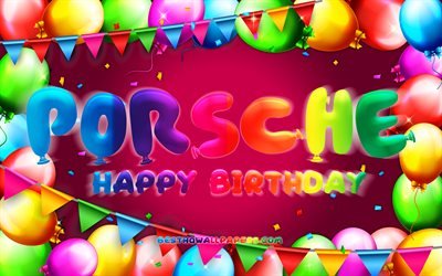 Buon compleanno Porsche, 4k, cornice a palloncino colorato, nome Porsche, sfondo viola, Porsche Happy Birthday, Porsche Birthday, nomi femminili tedeschi popolari, concetto di compleanno, Porsche