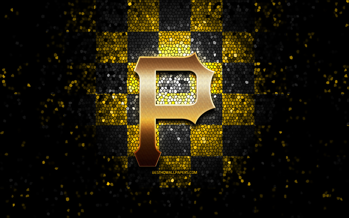 Embl&#232;me des Pirates de Pittsburgh, logo scintillant, MLB, fond &#224; carreaux noirs jaunes, &#233;quipe de baseball am&#233;ricaine, Ligue majeure de baseball, art de la mosa&#239;que, baseball, Pirates de Pittsburgh