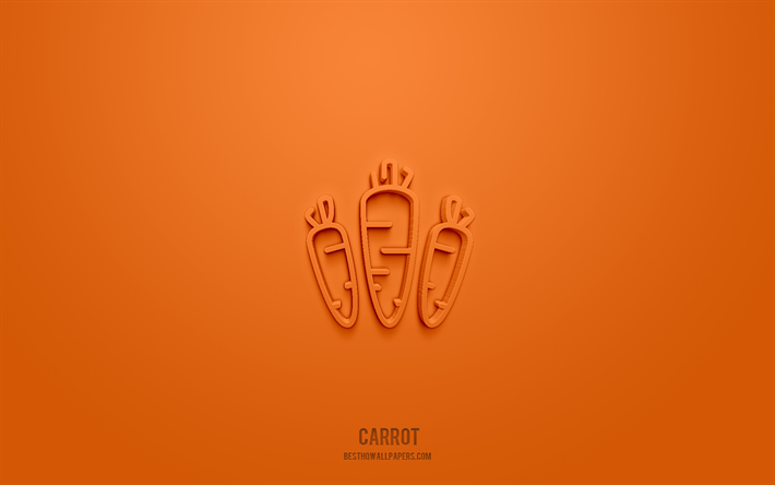 Ic&#244;ne 3d de carotte, fond orange, symboles 3d, carotte, ic&#244;nes de nourriture, ic&#244;nes 3d, signe de carotte, ic&#244;nes 3d de nourriture