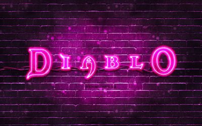 Logo violet Diablo, 4k, brickwall violet, logo Diablo, marques de jeux, logo n&#233;on Diablo, Diablo