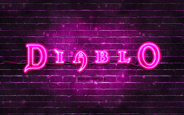 Logo violet Diablo, 4k, brickwall violet, logo Diablo, marques de jeux, logo n&#233;on Diablo, Diablo