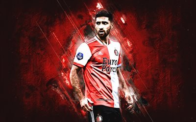 Alireza Jahanbakhsh, Feyenoord, giocatore di football iraniano, sfondo di pietra rossa, grunge, calcio, Feyenoord Rotterdam