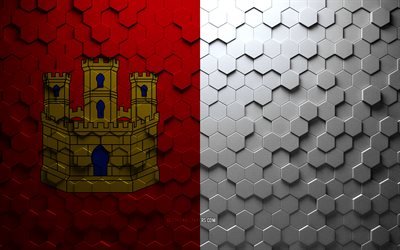 Bandiera di Castilla La Mancha, arte a nido d&#39;ape, bandiera di esagoni di Castilla La Mancha, Castilla La Mancha, arte di esagoni 3d, bandiera di Castilla La Mancha