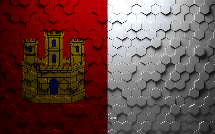Flag of Castilla La Mancha, honeycomb art, Castilla La Mancha hexagons flag, Castilla La Mancha, 3d hexagons art, Castilla La Mancha flag