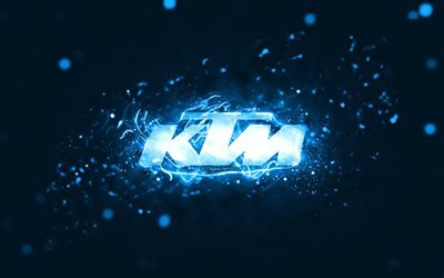 KTM blue logo, 4k, blue neon lights, creative, blue abstract background, KTM logo, brands, KTM