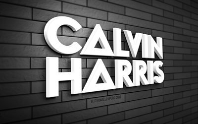 Logo Calvin Harris 3D, 4K, Adam Richard Wiles, muro di mattoni grigi, creativo, stelle della musica, logo Calvin Harris, DJ scozzesi, arte 3D, Calvin Harris