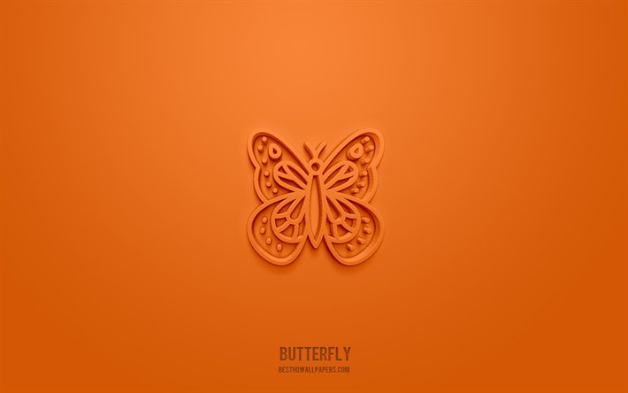 Icona farfalla 3d, sfondo arancione, simboli 3d, farfalla, icone animali, icone 3d, segno farfalla, icone animali 3d