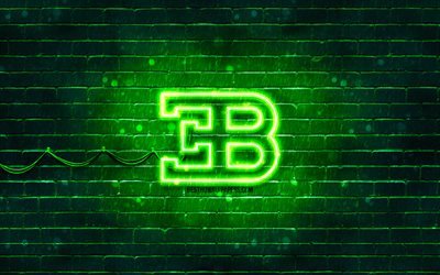 Bugatti green logo, 4k, green brickwall, Bugatti logo, cars brands, Bugatti neon logo, Bugatti