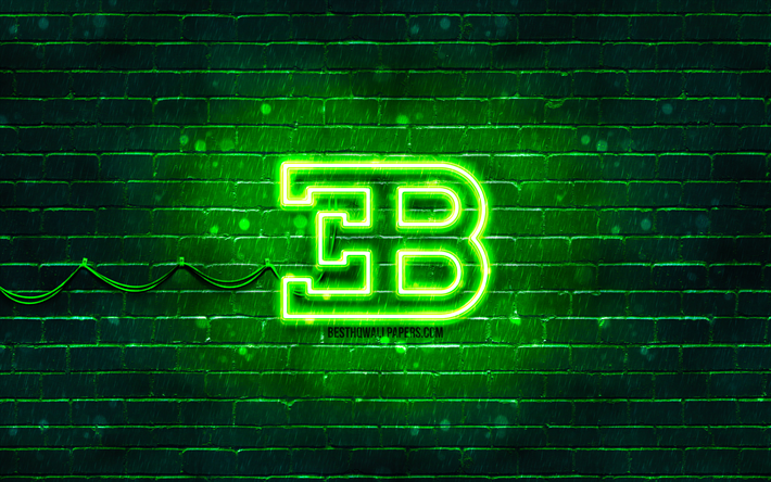 Logo Bugatti verde, 4k, muro di mattoni verde, logo Bugatti, marchi automobilistici, logo neon Bugatti, Bugatti