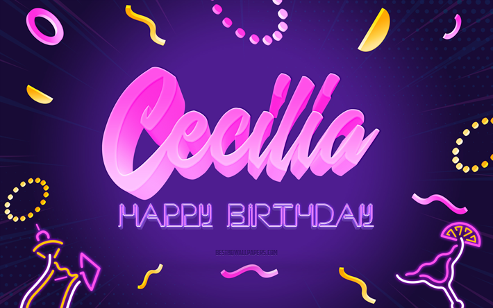 Joyeux Anniversaire Cecilia, 4k, Purple Party Background, Cecilia, art cr&#233;atif, Joyeux anniversaire Cecilia, Cecilia nom, Cecilia Anniversaire, F&#234;te D&#39;Anniversaire Fond