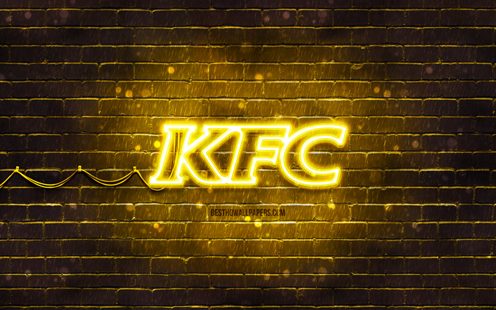 Logo jaune KFC, 4k, brickwall jaune, logo KFC, marques, logo n&#233;on KFC, KFC