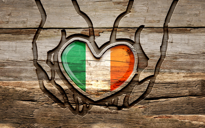 アイルランドが大好き, 4k, 木製の彫刻の手, アイルランドの日, アイルランドの旗, creative クリエイティブ, 手にアイルランドの旗, アイルランドの世話をする, 木彫り, ヨーロッパ, アイルランド