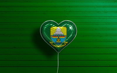 I Love Jambi, 4k, realistiset ilmapallot, vihre&#228; puinen tausta, Day of Jambi, Indonesian maakunnat, Jambin lippu, Indonesia, ilmapallo lipulla, Jambi lippu, Jambi