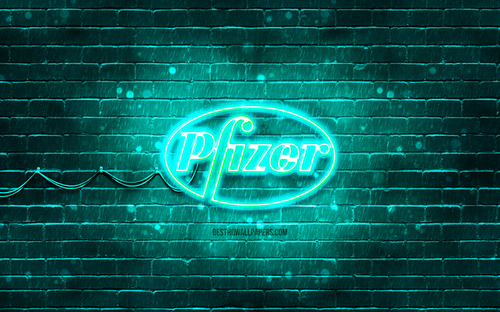 Pfizer turquoise logo, 4k, turquoise brickwall, Pfizer logo, Covid-19, Coronavirus, Pfizer neon logo, Covid vaccine, Pfizer