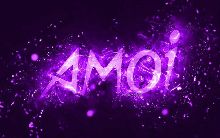 amoi violettes logo, 4k, violette neonlichter, kreativer, violetter abstrakter hintergrund, amoi-logo, marken, amoi