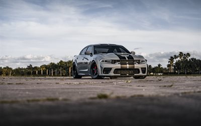 2022, Dodge Charger SRT, 4k, front view, exterior, gray sedan, Charger tuning, Charger SRT Hellcat, american cars, Dodge