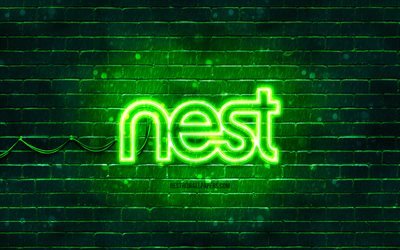 Logo vert Google Nest, 4k, mur de briques vert, logo Google Nest, marques, logo n&#233;on Google Nest, Google Nest