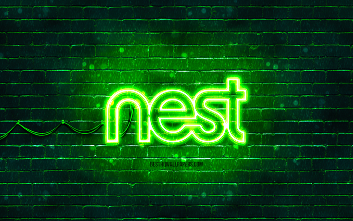 Logo vert Google Nest, 4k, mur de briques vert, logo Google Nest, marques, logo n&#233;on Google Nest, Google Nest