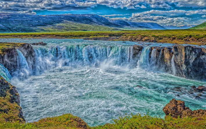 Godafoss, 4k, HDR, chute d&#39;eau, l&#39;Islandais de rep&#232;re, l&#39;&#233;t&#233;, la Rivi&#232;re Skjalfandafljot, les chutes d&#39;eau de l&#39;Islande, la belle chute d&#39;eau, l&#39;Islande