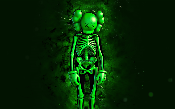 Green KAWS Skeleton, 4k, n&#233;ons verts, Fortnite Battle Royale, personnages Fortnite, Green KAWS Skeleton Skin, Fortnite, Green KAWS Skeleton Fortnite