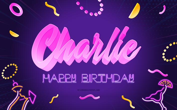 お誕生日おめでとうチャーリー, 4k, 紫のパーティーの背景, チャーリー, クリエイティブアート, チャーリーお誕生日おめでとう, チャーリー名, チャーリーの誕生日, 誕生日パーティーの背景