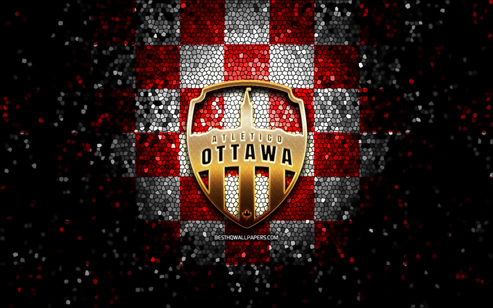 Atletico Ottawa FC, logo scintillant, Premi&#232;re Ligue canadienne, fond rouge &#224; carreaux blancs, football, club de football canadien, logo Atletico Ottawa, art de la mosa&#239;que, FC Atletico Ottawa