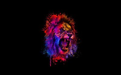4k, abstract lion, paint splashes, creative, minimal, artwork, black backgrounds, abstract animals, lion minimalim, lion art, lion