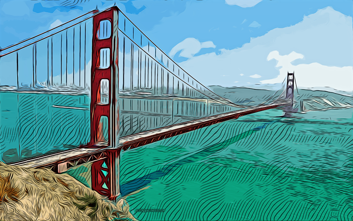 Golden Gate Bridge, San Francisco, 4k, vector art, Golden Gate Bridge drawing, creative art, Golden Gate Bridge art, vector drawing, abstract cityscapes, USA