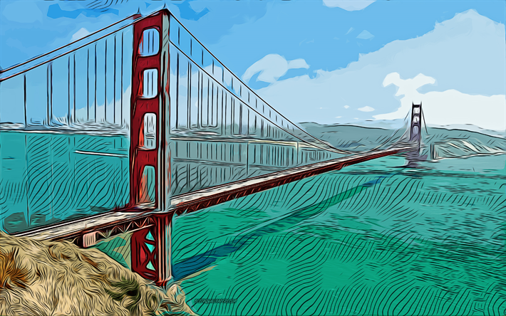 Golden Gate Bridge, San Francisco, 4k, arte vettoriale, disegno del Golden Gate Bridge, arte creativa, arte del Golden Gate Bridge, disegno vettoriale, paesaggi urbani astratti, USA