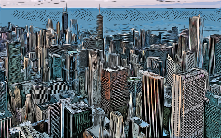 Chicago, Illinois, 4k, vector art, Chicago drawing, creative art, Chicago art, vector drawing, abstract cityscapes, Chicago cityscape, USA