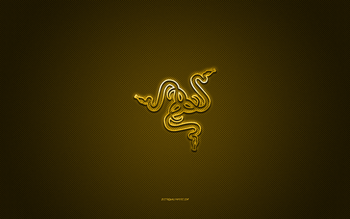 Razer logo, metal emblem, golden carbon texture, Razer, brands, adidas, yellow background, Razer emblem