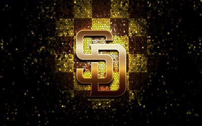 Emblema di San Diego Padres, logo glitter, MLB, sfondo a scacchi marrone giallo, squadra di baseball americana, Major League Baseball, arte del mosaico, baseball, San Diego Padres