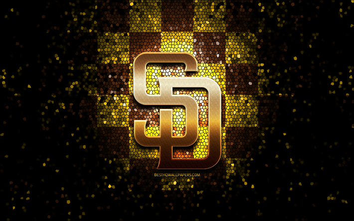 Emblema de los Padres de San Diego, logotipo brillante, MLB, fondo a cuadros marr&#243;n amarillo, equipo de b&#233;isbol estadounidense, b&#233;isbol de las Grandes Ligas, arte de mosaico, b&#233;isbol, Padres de San Diego