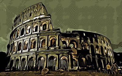 Coliseu, Roma, 4k, arte vetorial, Desenho do Coliseu, arte criativa, Arte do Coliseu, desenho vetorial, resumo paisagem urbana, Roma paisagem urbana, It&#225;lia