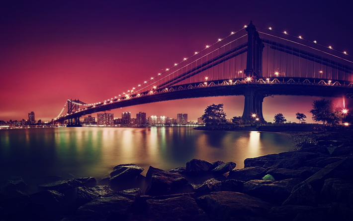 4k, Puente de Brooklyn, paisajes nocturnos, Nueva York, Manhattan, estados unidos, USA
