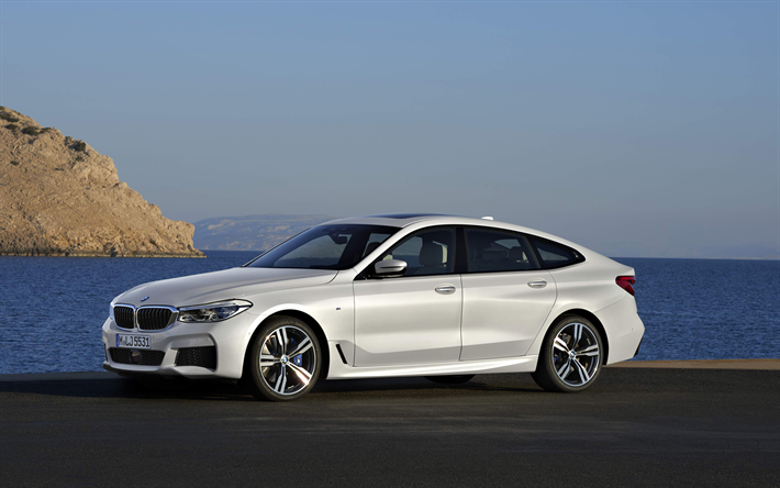 6 da BMW-s&#233;rie GT, 2018, 4k, exterior, vista frontal, branco novo BMW 6, Carros alem&#227;es