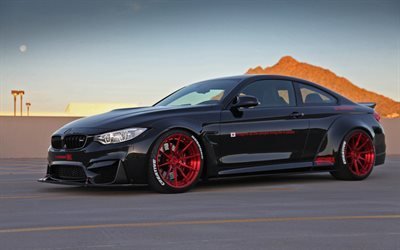 F82, tuning, BMW M4, stance, red wheels, 2018 cars, supercars, black M4, BMW