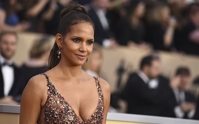Halle Berry, 4k, American film actress, photoshoot, smile, beautiful evening dress, Halle Maria Berry