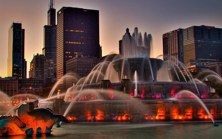 Chicago, 4k, evening city, fountain, USA, Illinois, America