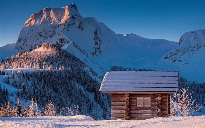 Gantrisch自然公園, 4k, snowdrifts, 山小屋, アルプス, スイス, 欧州