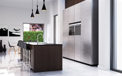 kitchen, 4k, stylish interior, gray kitchen, modern design, interior idea